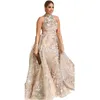 Elegant Champagne Mermaid Evening Formal Dresses Yousef Aljasmi Beaded Sequins High Neck Arabic Prom Party Gowns Detachable Overskirt 332e