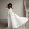 Einfaches Hochzeitskleid lange Ärmel Eine Linie Crepe Boot Hals Elegante Brautkleider mit Taschen Plus Size Robe de Mariee 234Q