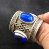 Dekorativa figurer Blue Red Green Jade Ring med tibetansk silverinlagd mäns stora