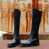 Boots Knight Genuine Leather Women Winter Block Med Heels Lace Up Knee High Motorcycle Riding Casual Safety Shoes
