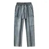 Jeans masculinos 2024 Summer Mid Rise Deten reta Perna juvenil Tendência de calças casuais soltas