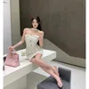 Klänning vinterrosa elegant tvådel kjol set kvinnor sexig lapptäcke y2k mini klänning kostym kvinnlig casual koreansk modedesigner set 230323