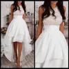 2020 Modest Halter A-Line High Low Prom Dresses Ivory Chiffon Homecoming Dress Billiga Evening Dress Lace Top 307D