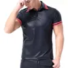 Mens Sexy Faux Short-sleeved Erotic Shaping Sheath Latex Bodycon Casual T-shirts Male Patent Leather Polo Shirt Catsuit Costumes