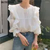 Women's Blouses BGTEEVER Casual Loose Ruffles Long Sleeve White Shirts For Women Spring Summer O-neck Female Pullovers Ladies Tops