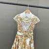 レディースドレスヨーロッパラプルネック半袖黄色の蝶の花柄のミディドレス