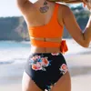 Women's Swimwear Micro Bikini Orange Floral One Shoulder Tied Bathing Suit High Waist Cutout Backless Surf Wear Swimming Biquini Tankini