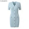 Vestidos casuais vestido de malha azul de manga curta 2024 Spring/outono Celebridade Slim Fit Wrap Hip-decote V seda de gelo