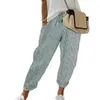 Calça feminina feminina harém de cintura elástica elegante com bolsos de calça listrada vertical listrada longa para desgaste da praia do escritório