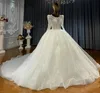 2024 Saudi Arabic Puffy Wedding Dresses Scoop Long Sleeves Pearls Beads Sequins Tulle Puffy Bridal Gowns Lace Up Vestido De Noiva Casamento