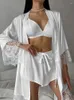 Vêtements maison Hiloc Elegant White Satin Belt Robe Pajamas 3 pièces Set Summer Solid Sexy Brawear 2024 Shorts à lacets Suits nuit
