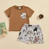 Kledingsets Toddler Boys Summer 2pcs Shorts Shorts Short Sleeve Crewneck Tops en Geometric Pattern/Cattle Print