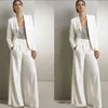 Blanc Mother of the Bride Groom Pant Costumes pour Silver Semed Wedding Guest Robe Plus Taille Pant Coustuy avec vestes costume formel 269o