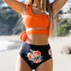 Women's Swimwear Micro Bikini Orange Floral One Shoulder Tied Bathing Suit High Waist Cutout Backless Surf Wear Swimming Biquini Tankini