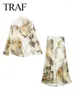 Werkjurken 2024 Women Tie Dye Gedrukte revers met lange mouwen blouse rokken 2 stuks set vintage causaal hoog taille A-lijn midi rok