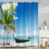 Cortinas de chuveiro cortina de praia oceânica litoral 3d ondas tropicais folhas solar cenário de barcos de pneuses de póstia de polyster decoração de banheiro