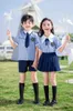 Clothing Sets Korean Style Blue Striped Boys Short Sleeve Shorts Shirt Girls Doll Collar Lace Pleated Skirt Set Primary