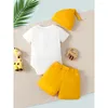 Kledingsets 1-24 maanden geboren Baby Boy 3 stcs Set White Cartoon korte mouw Top gele shorts hoed mode schattige zomer dagelijkse slijtage