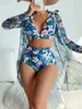 Swimwear féminin 3 pc Suite de baignade Bikini Ensemble 2024 Femmes Vintage Green Floral Imprimé à manches longues Couvre de maillot de bain High