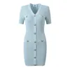 Casual Dresses Blue Knitted Dress Short Sleeved 2024 Spring/Autumn Celebrity Slim Fit Wrap Hip V-neck Ice Silk