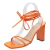 Chaussures habillées Africain Navy Blue Pumps Summer High Heels Sandals à lacets Ladies Square Toe 2024 Roman Orange décontracté or Low Burgundy