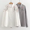 Frauenblusen elegant 2024 Langarm handgefertigte Stickhemden Frauen Japan Mode-Baumwollgarn graue Damen Tops