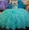 2021 Sexy bling Quinceanera robes de bal robe de bal chérie cristal perle paillette bleu long rouffes