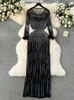 Robes décontractées Femmes Luxury Black Slim Round Coule Diamond Diamant Long Manue Robe Mesh Automne Elegant Evening Party Carpet Show Show Costume