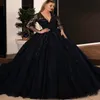 Black Ball Gown Gothic Wedding Dress With Long Sleeves Deep V Neck Tulle Princess Bridal Gowns Non White Custom Made Bride Dress With C 235P