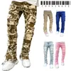 European Camouflage Pants Mens Street Slim Fit Elastic Patch Denim rivna Mens staplade jeans Mens Camouflage Tight Montering Jeans 240510