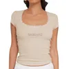 T-shirt féminin T-T-T-T-Colliline Slim Fit Top pour Summer Y2K Y2K NOUVEAU T-shirt de base de couleurs solides en dentelle à manches courtes à manches courtes