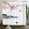 Rideaux de douche chinois peinture à l'encre fleur et oiseaux baignoire décor imprimé tissu lavable rideau en polyester avec crochets