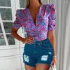 Kvinnors blusar boho blommig tryck skjorta blus kvinnor mode kort ärm smala skjortor topp sommar sexiga djupa v-ringar damer