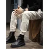 Jeans masculinos High Street Vintage Washed Ins Patchwork Men With Spring and Autumn Tide Brand bege reta de calças de perna fina