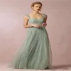 2020 Novo Sage Green Princess Long Damas de dama de honra Spaghetti Strap Lace Tulle A Line Girls Formal Wedding Party Dreth Night Dre 300y