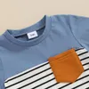 Kleidungssets Mode-Gelegenheits-Kind-Jungen-Sommer-Kinder Shorts Set Outfit Stripe Print Kurzarm Taschen-T-Shirt mit Anzügen