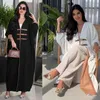 Etniska kläder 2024 Nya Dubai Fashion Modest Solid Open Kimono Abayas Leather Buckle Long Slve Contrast Color Robe Ramadan Muslim Women Robe T240510