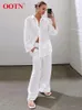 Women's Two Piece Pants Casual Cotton Linen White Suits 2024 Street Loose Turn Down Collar Shirts Elastic Waist Sets Spring Outfits