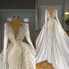 Lyxiga pärlor sjöjungfruklänningar med overskirt v hals satin långärmad brudklänningar eleganta bröllopsklänningsrockar de mariee 2255