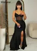 Urban Sexy Dresses Year Sexy Mesh Patchwork High Split Backless Ruched Long BodyCon Dress Womens Prom Birthday Party Evening Vestidos Elegant T240510
