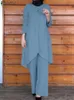 Vêtements ethniques Zanzea Fashion Musulman Suit O-Neck Blouse d'ourlet irrégulier Pant de jambe large Solid Vintage Party Abaya Kaftan Set Work Ol Tracksuit T240510