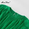 Vestidos casuais moaayina designer de moda de verão vintage perspectiva de chiffon vestido feminino de gola alta manga longa ruched babados verde mini