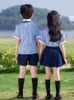 Clothing Sets Korean Style Blue Striped Boys Short Sleeve Shorts Shirt Girls Doll Collar Lace Pleated Skirt Set Primary