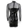 Women Shiny Leather Sheath Bag Hip Dress See Through Hot Porn Breast Exposing Shaping Bodycon ing With Transparent Mesh Catsuit Costumes