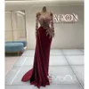 Beading Mermaid Prom Dresses Bury Long Sleeve Sexy Jewel Neck Evening Dress Party Wear Sweep Train Satin Gowns