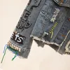 Womens Graffiti Denim Jacket Frayed Raw Cut Rivet Fringe Jean Coat Female Outwear Short Street Fashion Spring Autumn 240510