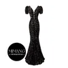 ブラックグリーンイブニングドレスパーティードレススパンコールマーメイド半袖キャップVネックパフォーマンスイブニングドレスブライドドレス