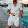 2024 MENS POLO SPAAK MADEMEN MENS SETS SOLID SOMMER VNECK Zipper Polo shirt met korte mouwen Twee stukken Casual 240507