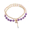 Charm Armbänder Doppelstrang natürliches Süßwasserperlenarmband für Frauen mit Kristall- und Amethyst -Feinschmuck 35 cm elastische Seilkette