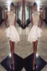 Michael Costello Short Dresses High Neck Lace Satin Cocktail Party Gowns Tiers Ruffles Asymmetrical Mini Prom Celebrity Gowns Cust7357526